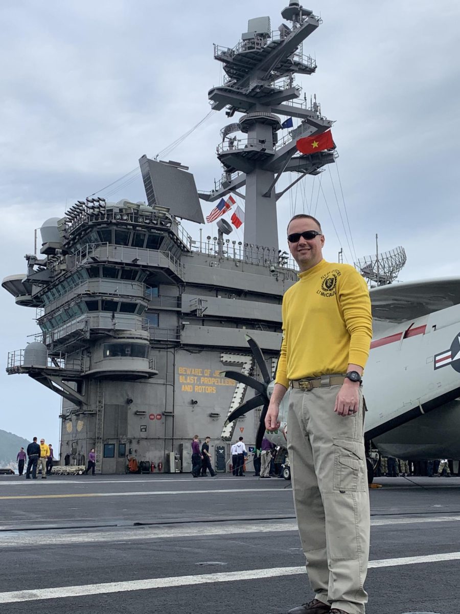 Matthew McCauley on the flight deck of the USS Theodore Roosevelt off the coast of Vietnam. They were only the second United States carrier to visit the nation in 50 years. 