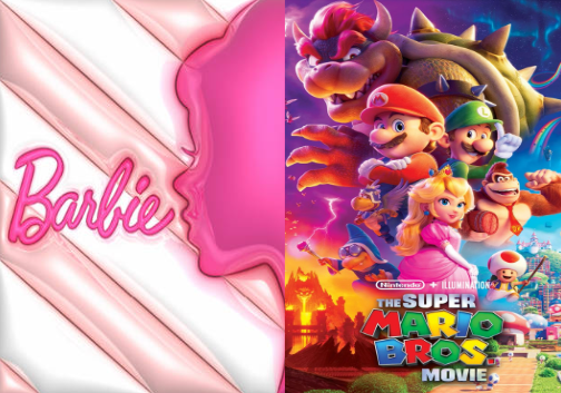 Showcasing the Barbie movie with bright pink and an outline on the right of her.As well as the main characters of the Mario Brothers movie in the other poster.