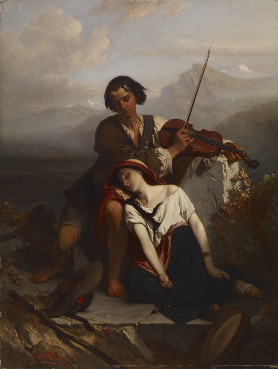A  painting of a man playing music to a woman, titled Power of music. Presumably painted in Belguim before 1961.