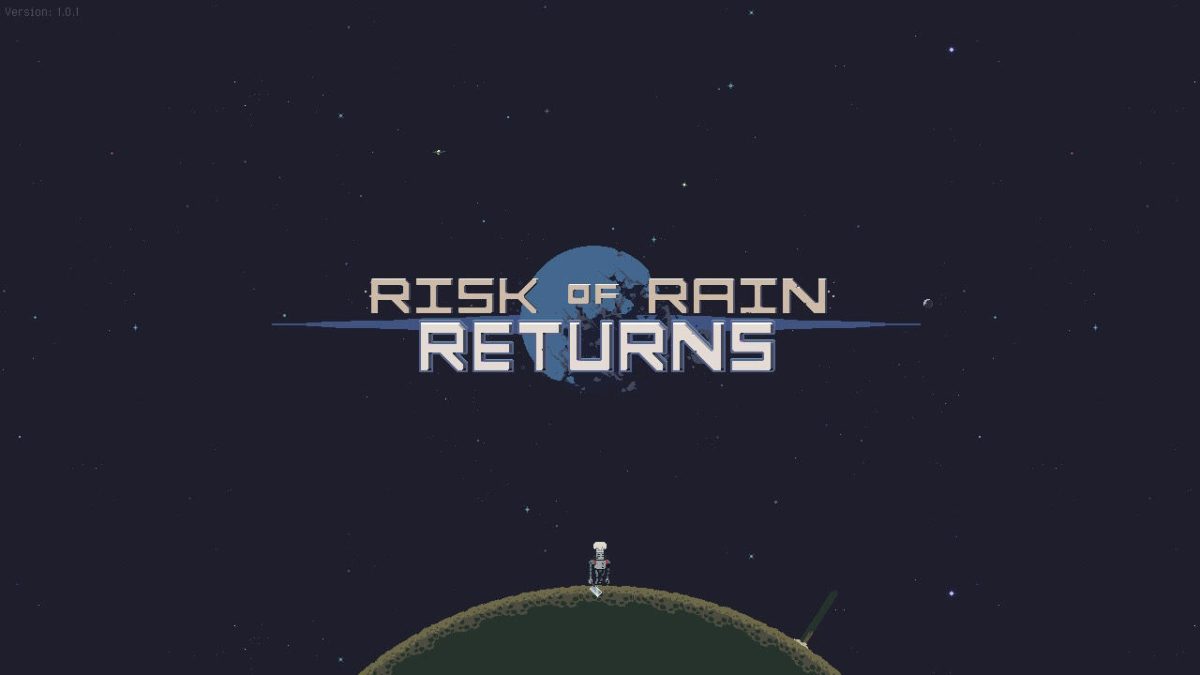 Screenshot of the title screen from Risk of Rain Returns. It features the last selected character (in this case Chef) walking through a desolate planet.