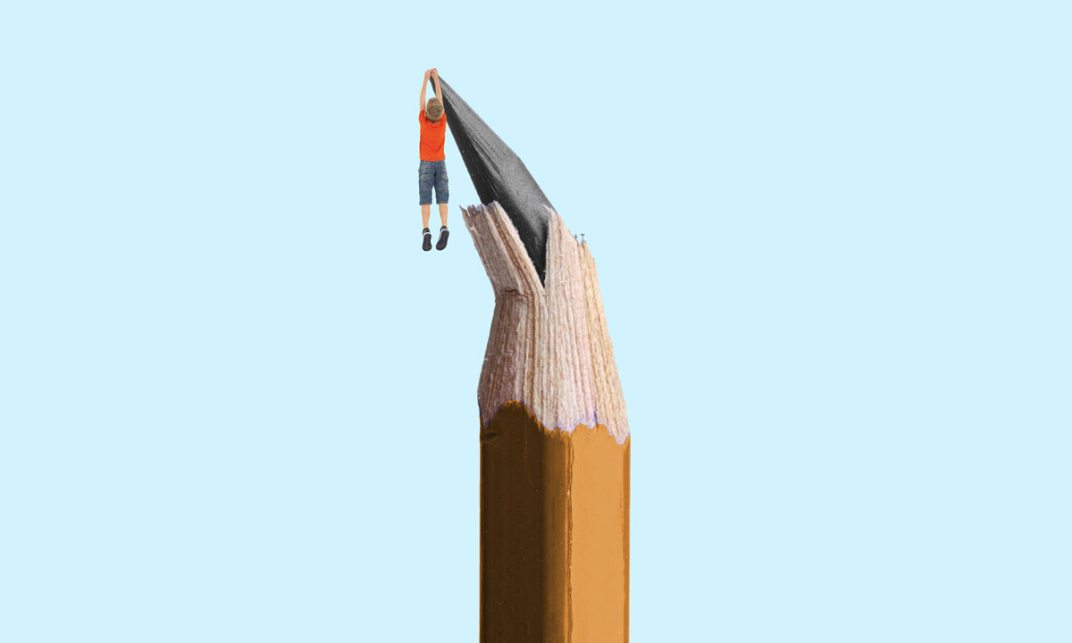 A pencil in which a person is hanging by a figurative thread represents how many feel about our current education system as a whole.