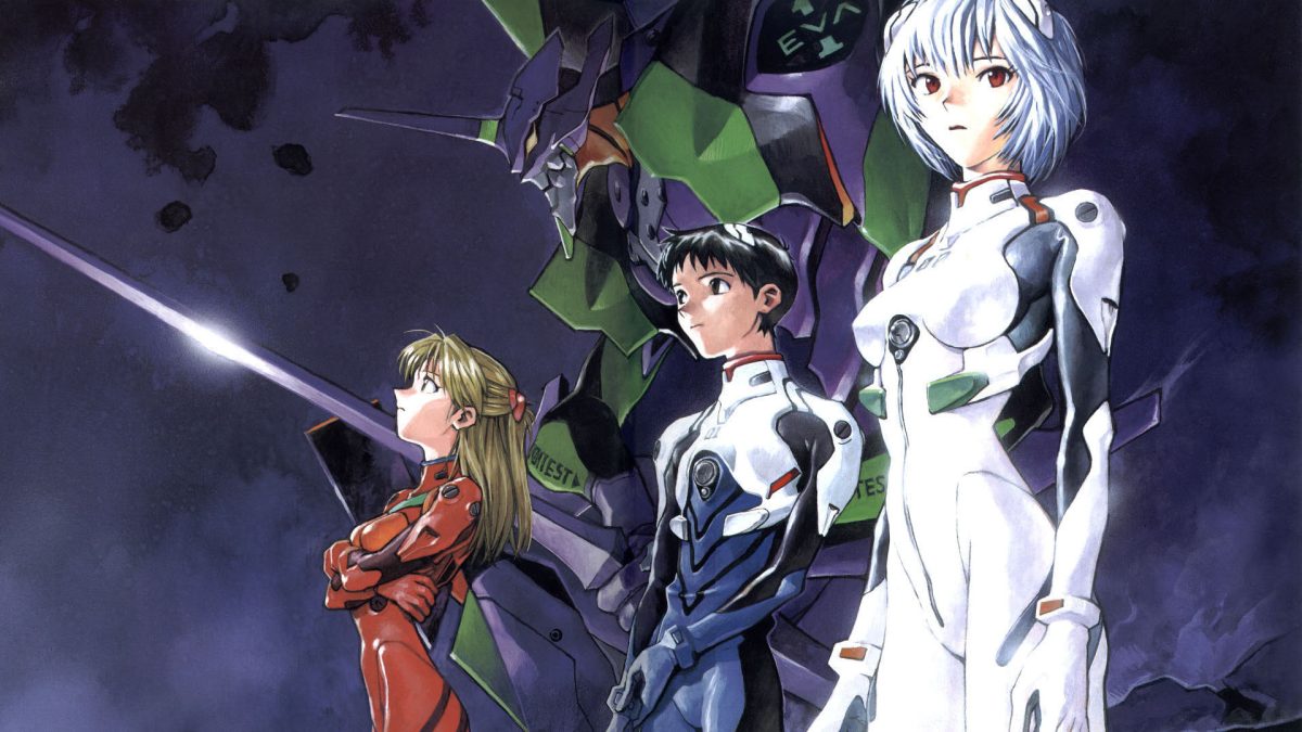 Official Artwork of Asuka Langley Soryu, Shinji Ikari, and Rei Ayanami standing outside near the 200-foot-tall Eva Unit-01. Rei glances at the camera with thoughtful eyes.