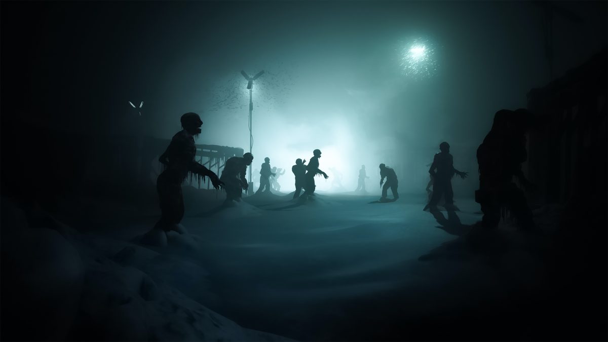 Human silhouettes wade through a foggy landscape. There is a light in the distance illuminating the haggard figures.