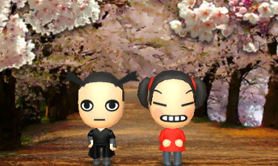 Miis of Garu and Pucca. A screenshot encapturing the ridiculousness of having iconic characters in the game. These Miis are based on the South Korean show Pucca 