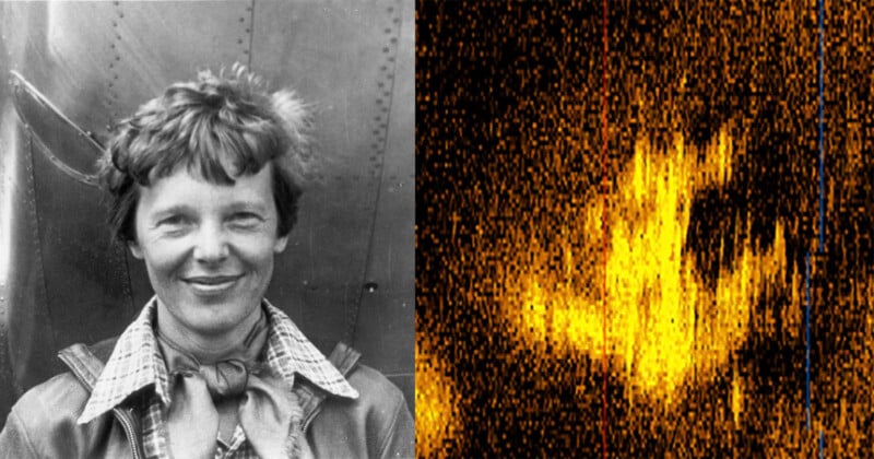 The sonar image, right, captured by an underwater drone that might belong to Amelia Earhart, left.