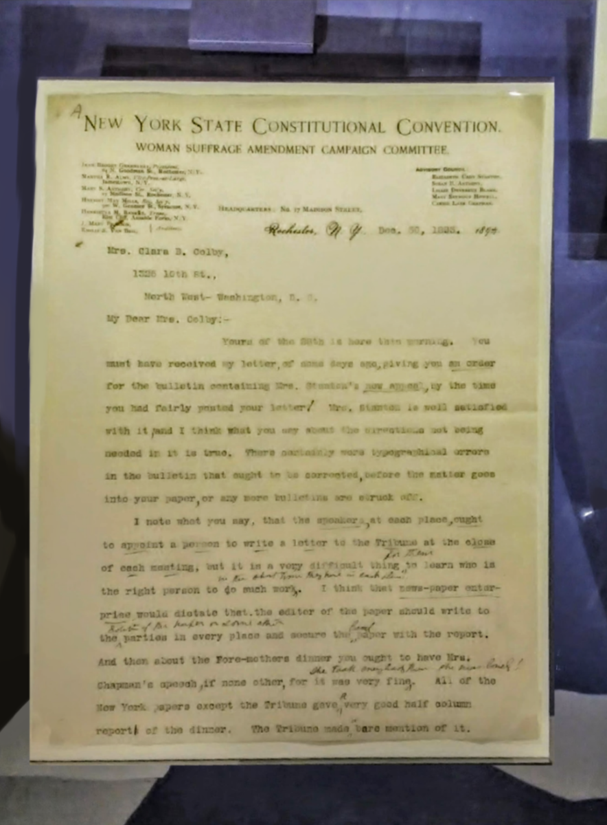 This rather worn document, displayed in the Huntington Library, is an example of the kinds of artifacts stored in the Huntington Library. Though the writing seems dated, the document seems to be a letter regarding a meeting including the constitutional convention and women's suffrage. 