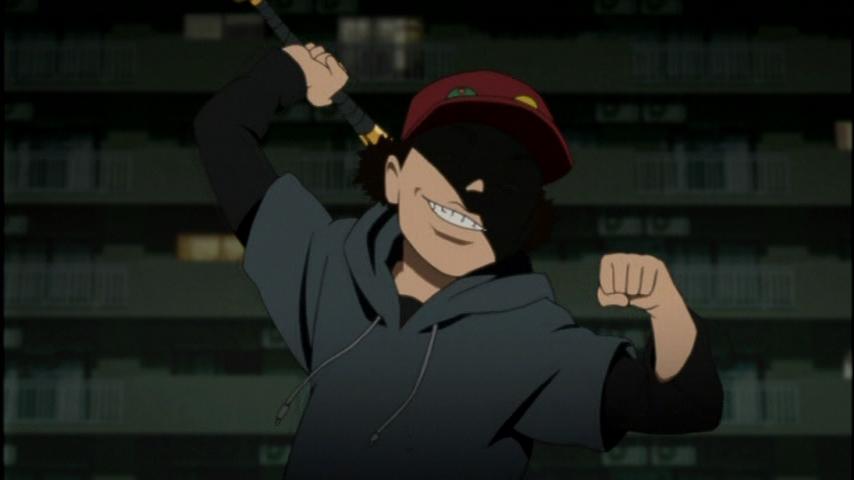Lil Slugger attacking another victim with his golden baseball bat. In this screenshot, the usual artstyle for the show is being used