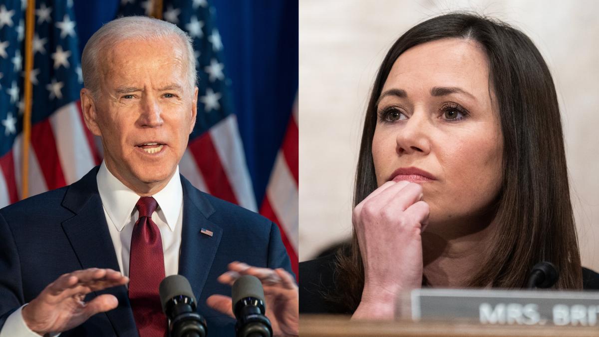 The image shows Biden and Katie Britt. The image is meant to represent Katie Britt going head to head in a weird onesided conflict that only shes in.
