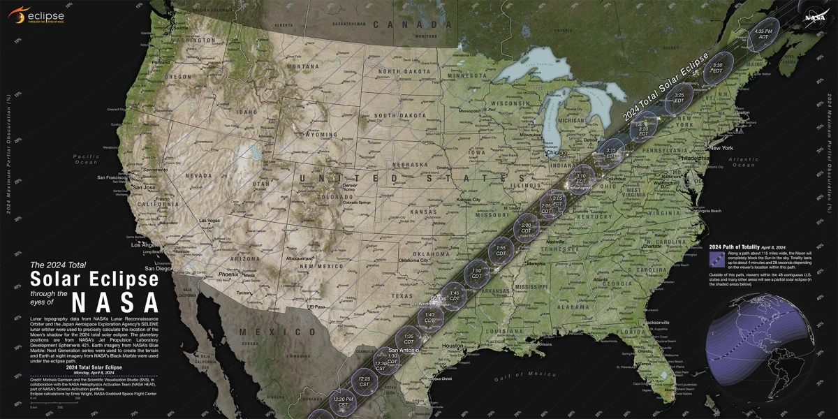 This is the path of the eclipse occuring on April 8, 2024. The highest points of visibility will be toward the Midwest and East Coast Regions of the U.S. and the south-western parts of Mexico.