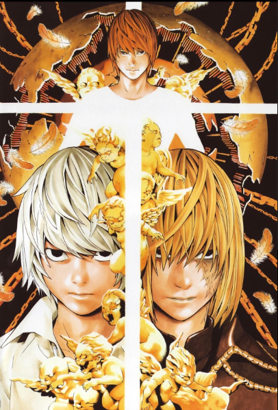 illustration of characters Light/Kira, Near, and Mello; Death Note (2003)