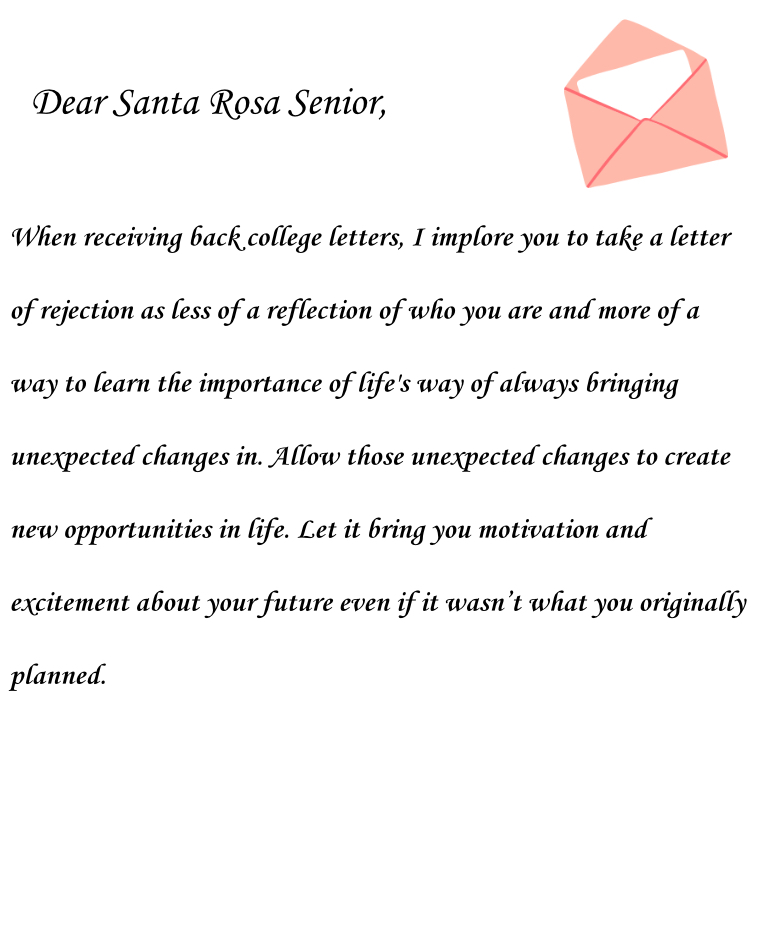 It's easy to let a letter of rejection determine the way we feel about ourselves and our future plans, but it's important to learn, as early as now, that in life and in adulthood, things don't always go as planned and just because plans change and unexpected things happen it is not a reflection of who we are or how hard-working, or successful we are. 

