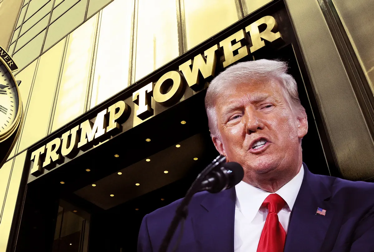 Image shows Mr. Trump in front of Trump tower in New York. Trump Tower is a subject of the case.
Courtesy of Salon.com