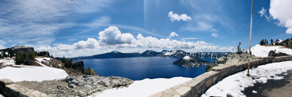 A beautiful photo of Crater lake with some snow as a great reminder that snow car be produced artificially as well due to Cloud seeding