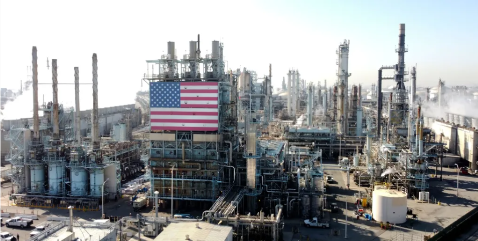 Pictured here is a large oil refinery in California. These refineries are responsible for taking crude oil and refining it into diesel, gasoline, and aviation fuel, otherwise known as JP5 fuel.