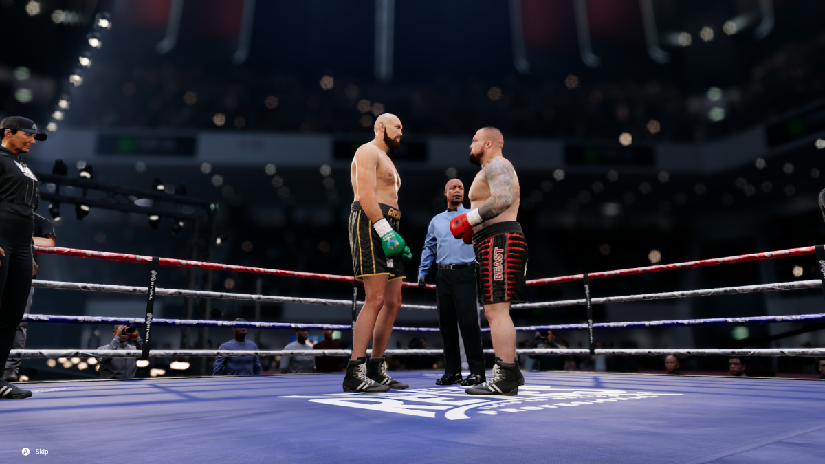 This is a still shot of Fighters Tyson Fury and Eddie Hall. Surrounded by a large crowd.