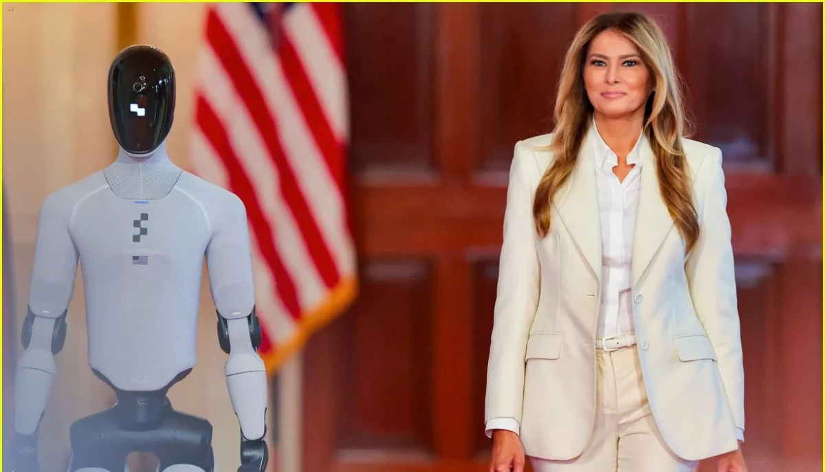 Melania Trump walks with Figure 3 (a new robot that promotes AI learning for students)